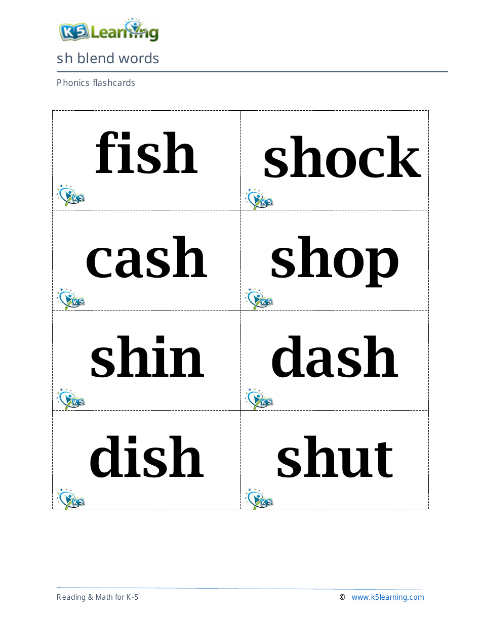 Phonics Flashcards - Sh Blend Words, Page 1