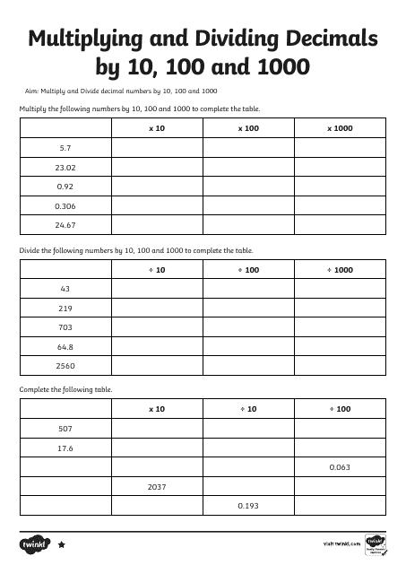 Math Worksheet - Multiplying and Dividing Decimals by 10, 100 and 1000 Download Pdf