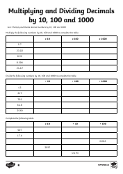 Math Worksheet - Multiplying and Dividing Decimals by 10, 100 and 1000