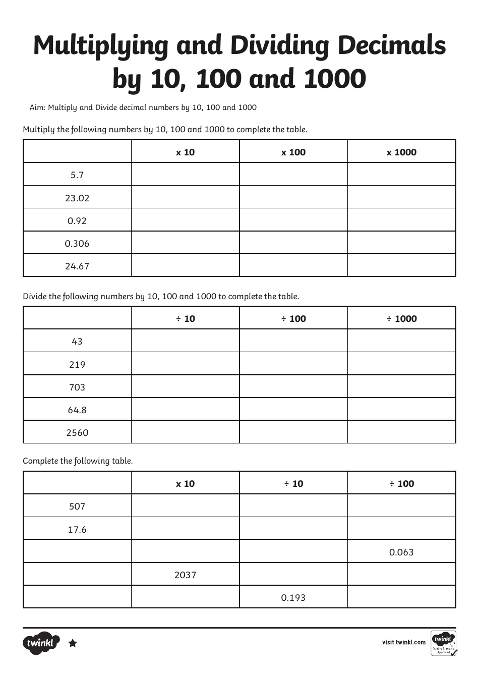 Math Worksheet - Multiplying and Dividing Decimals by 10, 100 and 1000, Page 1