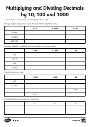 Math Worksheet - Multiplying and Dividing Decimals by 10, 100 and 1000, Page 5