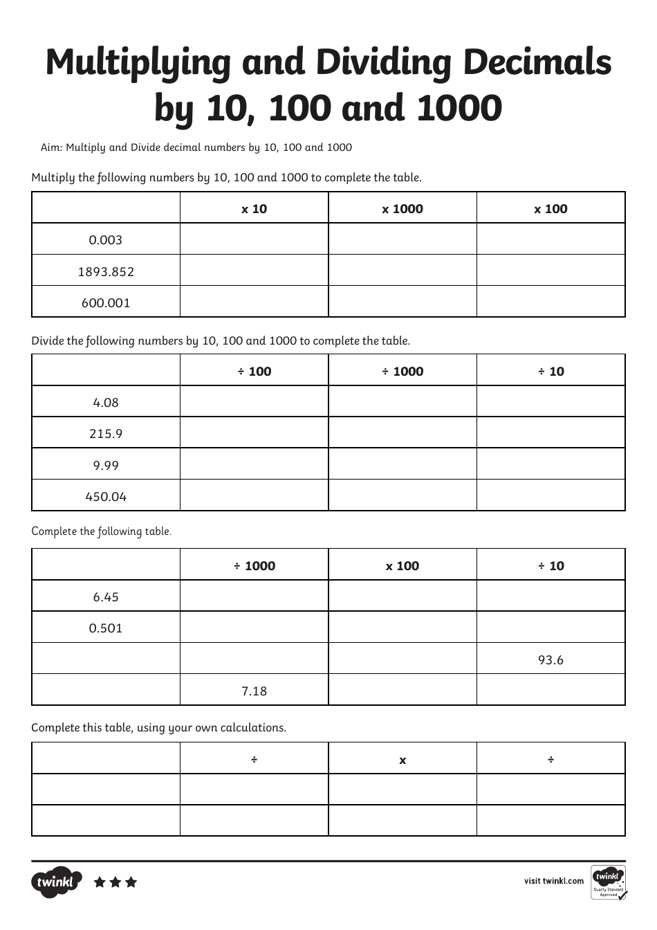 Math Worksheet - Multiplying and Dividing Decimals by 10, 100 and 1000, Page 5