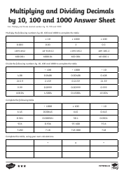 Math Worksheet - Multiplying and Dividing Decimals by 10, 100 and 1000, Page 6