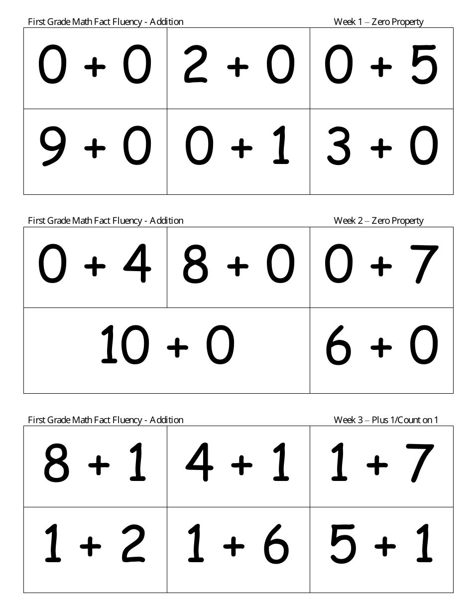 First Grade Math Flashcards - Addition, Subtraction, Page 1