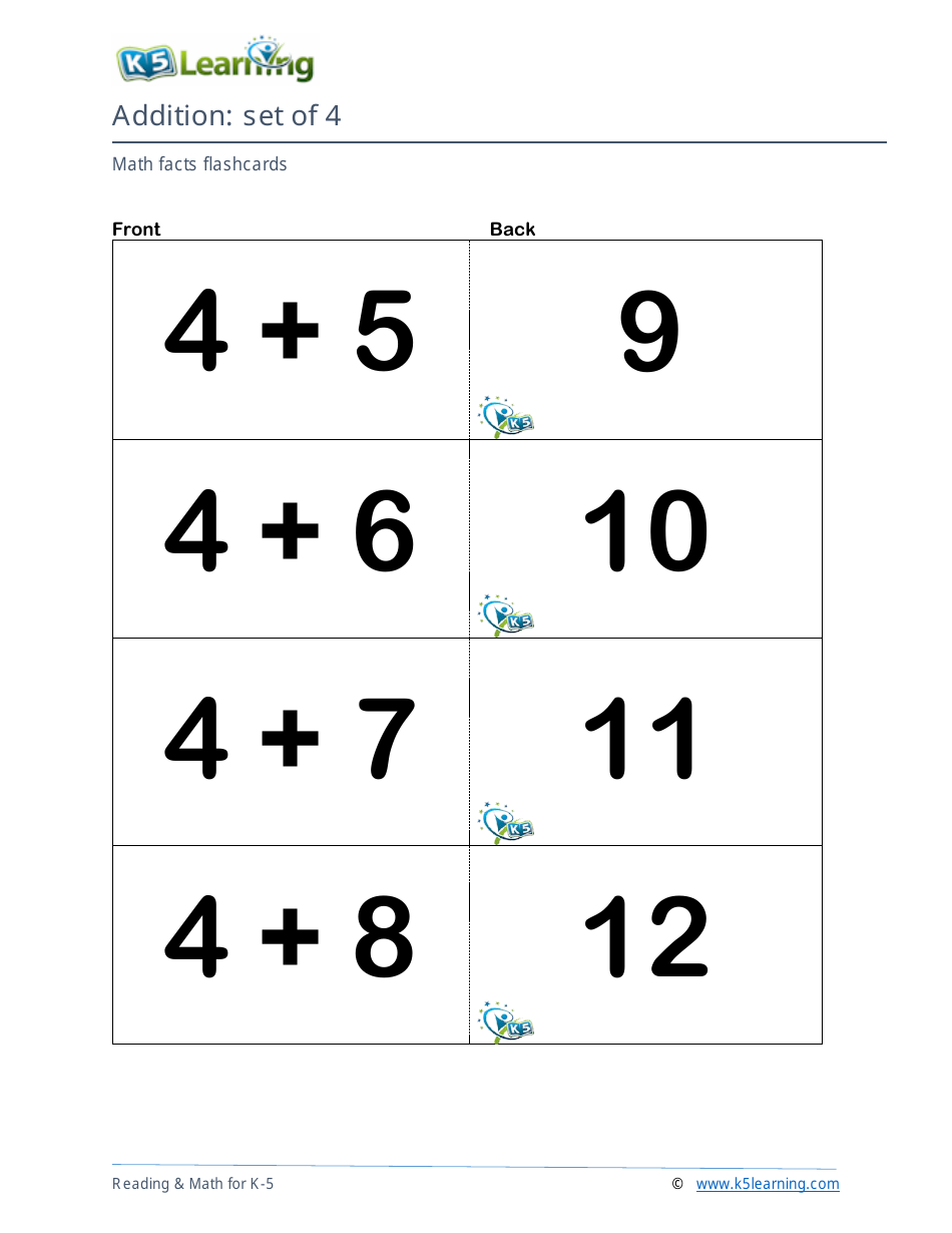 Math Facts Flashcards - Addition - Set of 3-5, Page 5