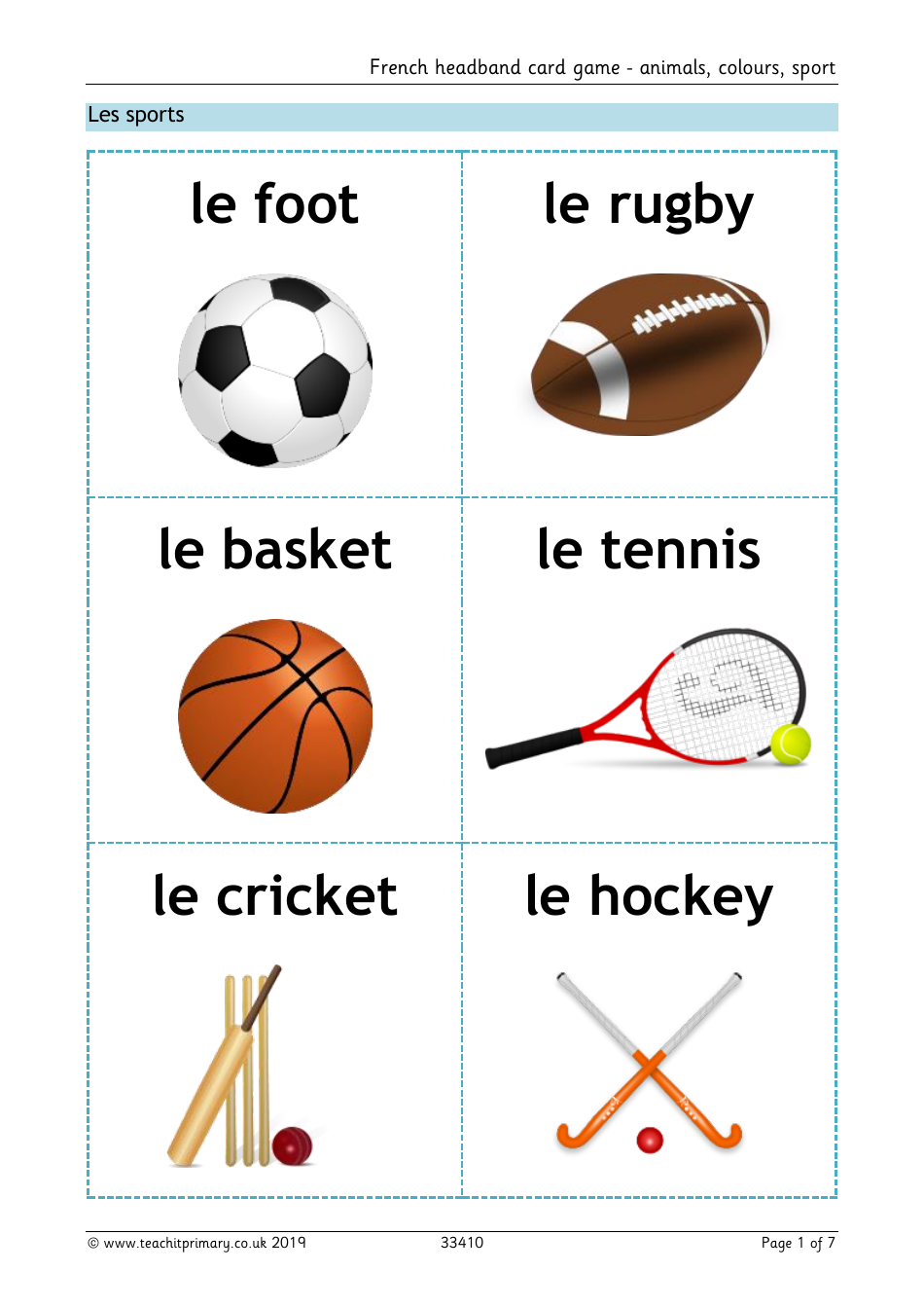 French Flashcards - Animals, Colours, Sport, Page 1