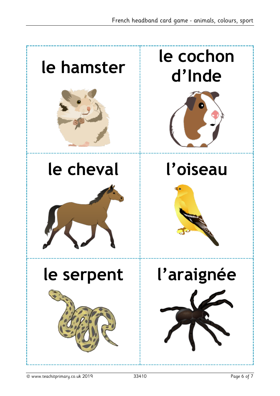 French Flashcards - Animals, Colours, Sport, Page 6