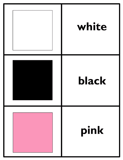 Colors in English Flashcards - White, Black, Pink