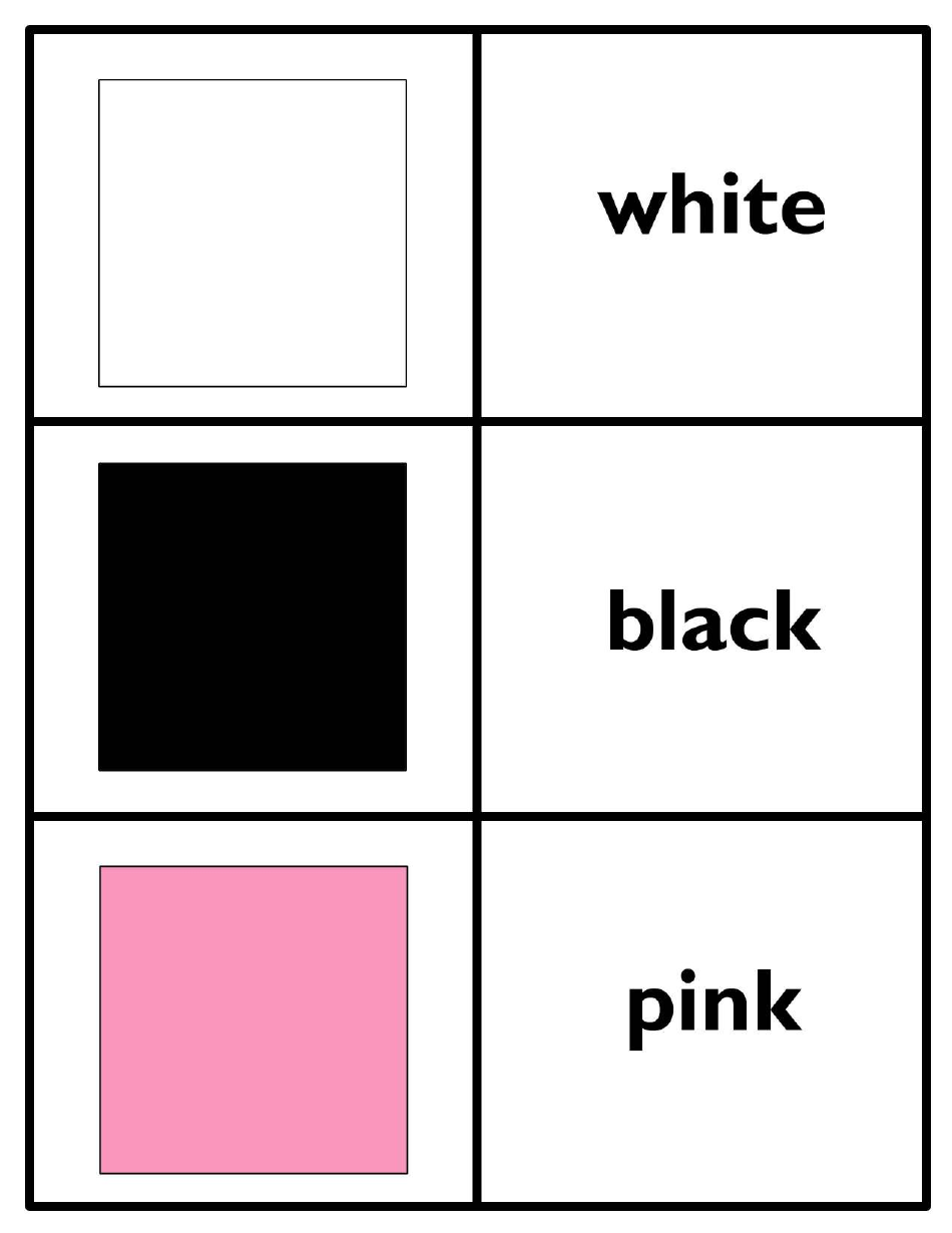Colors in English Flashcards - White, Black, Pink, Page 1