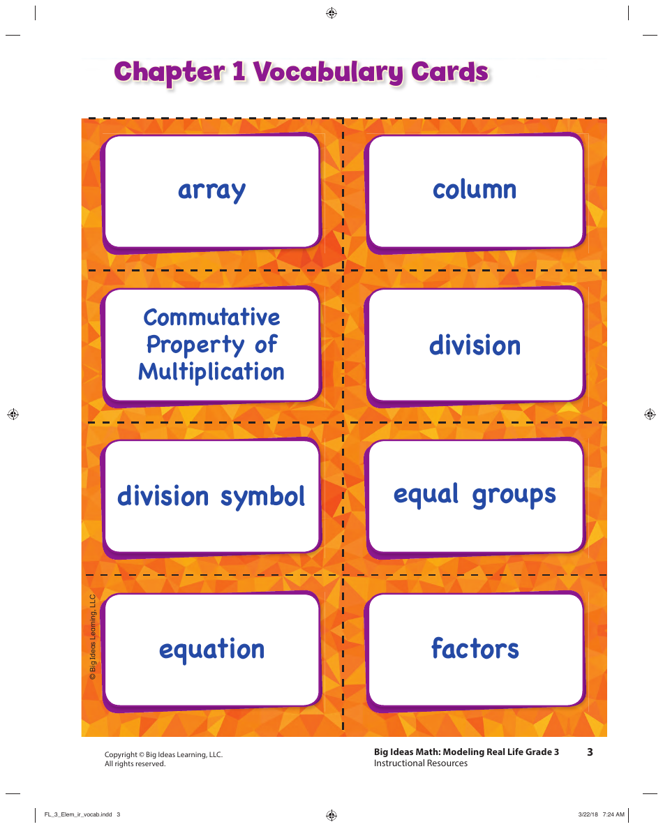 Grade 3 Math Vocabulary Flash Cards, Page 1