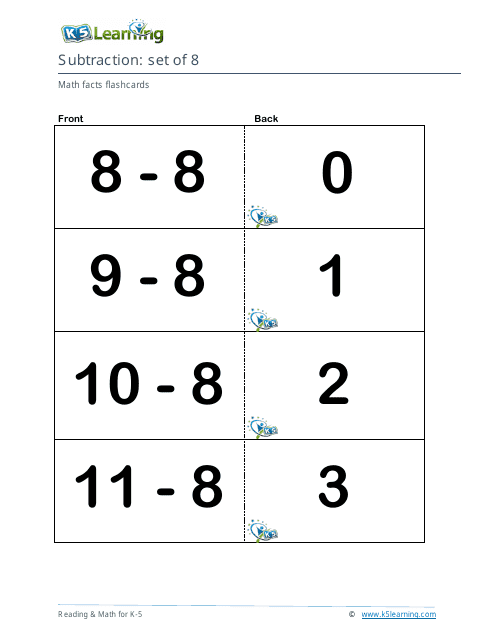 Math Facts Flashcards - Subtraction - Set of 8, 9