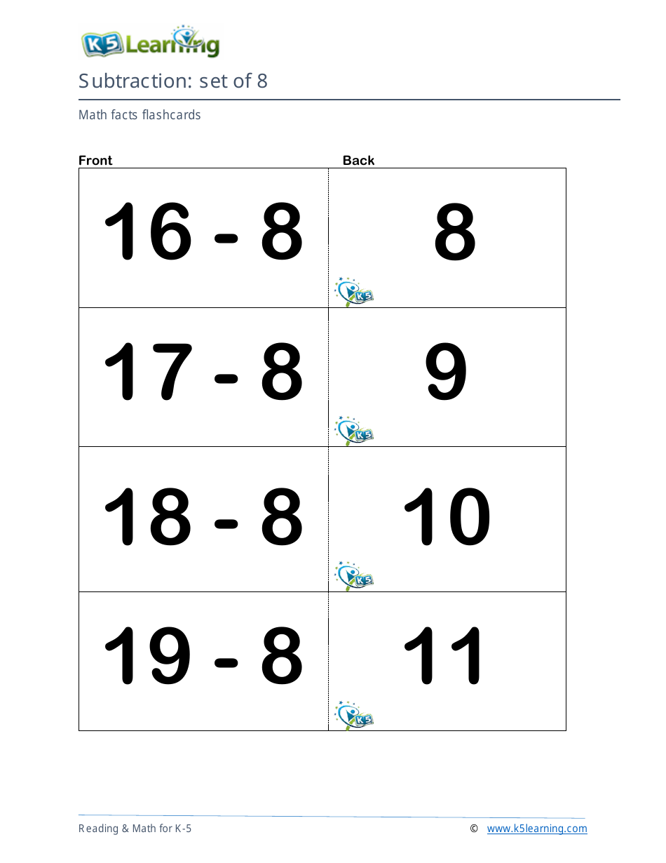 Math Facts Flashcards - Subtraction - Set of 8, 9, Page 3