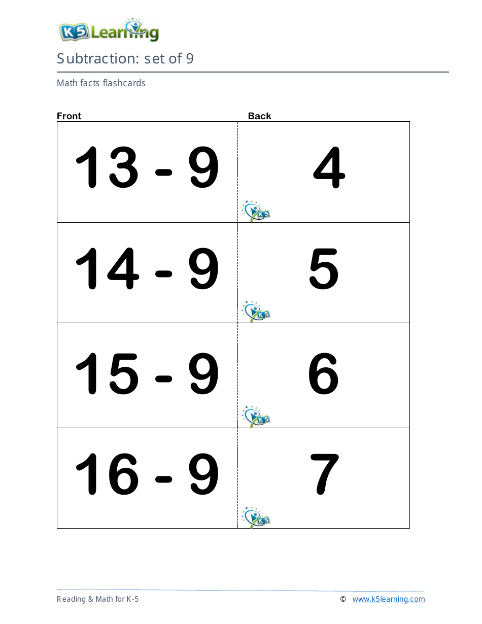 Math Facts Flashcards - Subtraction - Set of 8, 9, Page 5