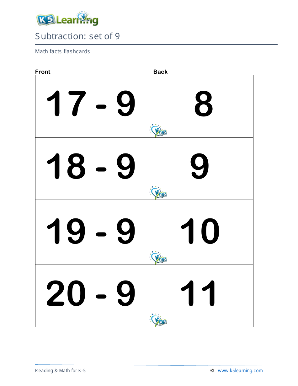 Math Facts Flashcards - Subtraction - Set of 8, 9, Page 6
