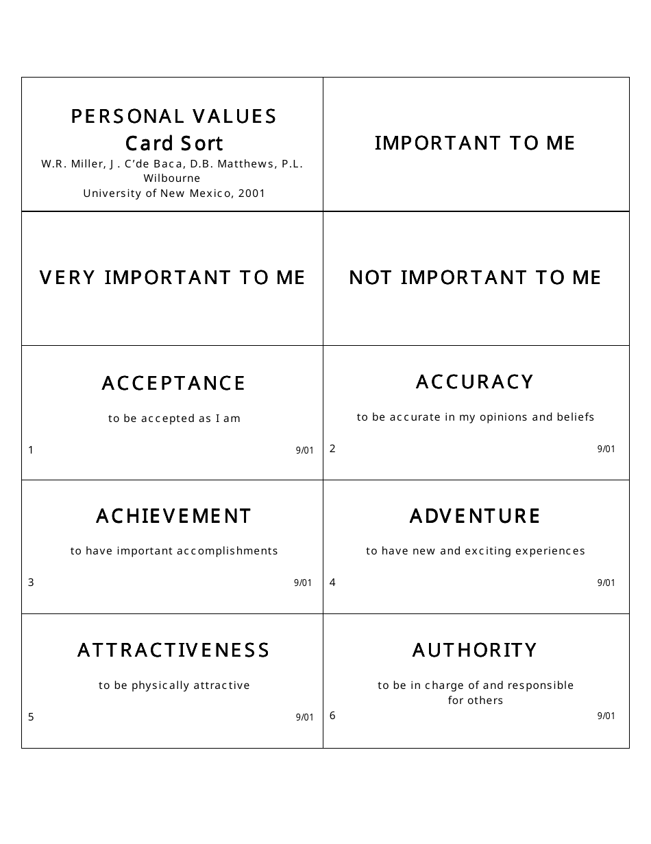 Personal Values Card Templates, Page 1