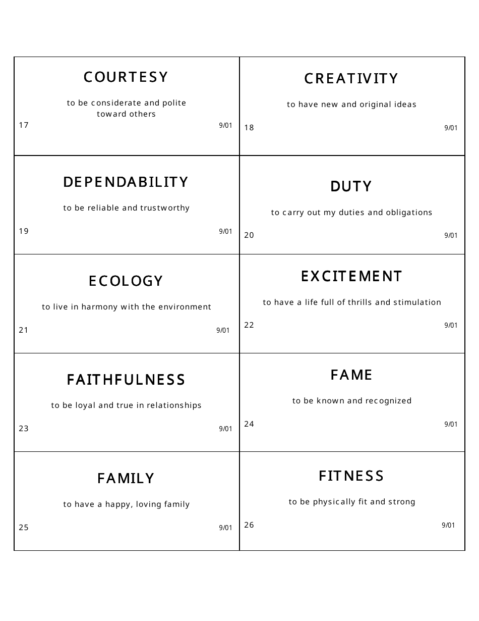 Personal Values Card Templates, Page 3