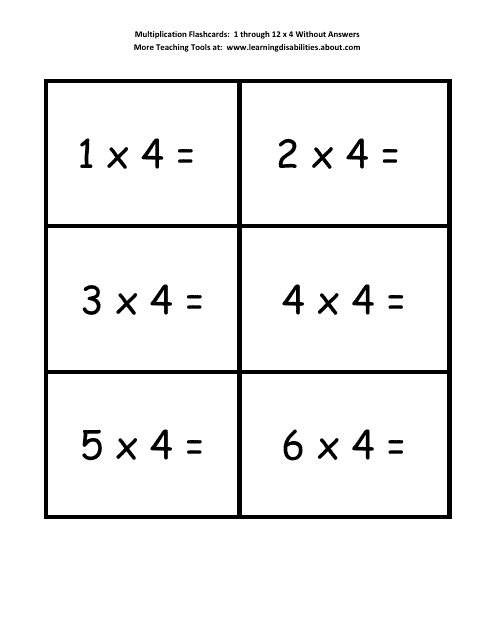 Multiplication Flashcards - 1 Through 12 X 4