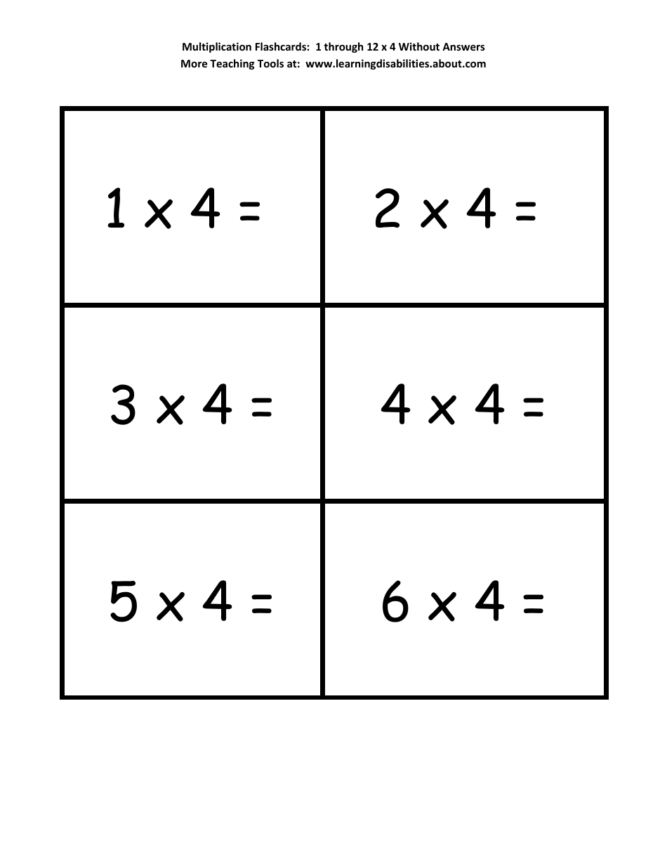 Multiplication Flashcards - 1 Through 12 X 4, Page 1