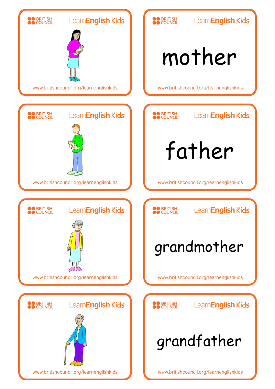 English Flashcards - Family Members, Page 1