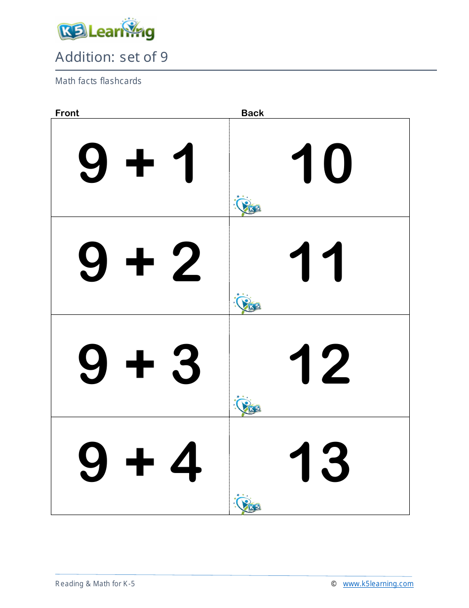 Math Facts Flashcards - Addition - Set of 9, 10 Download Printable PDF ...