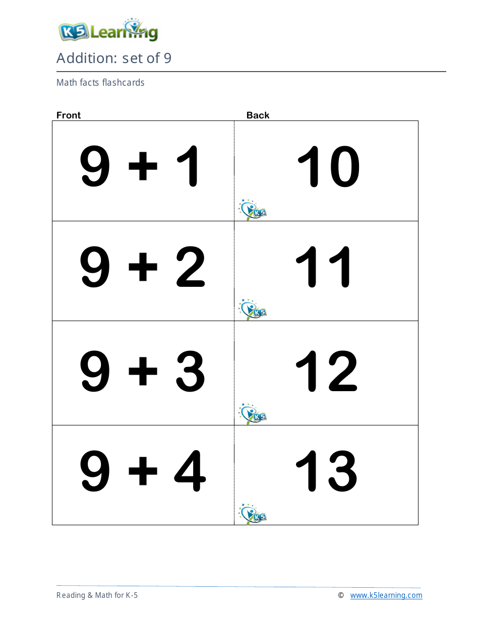 Math Facts Flashcards - Addition - Set of 9, 10, Page 1