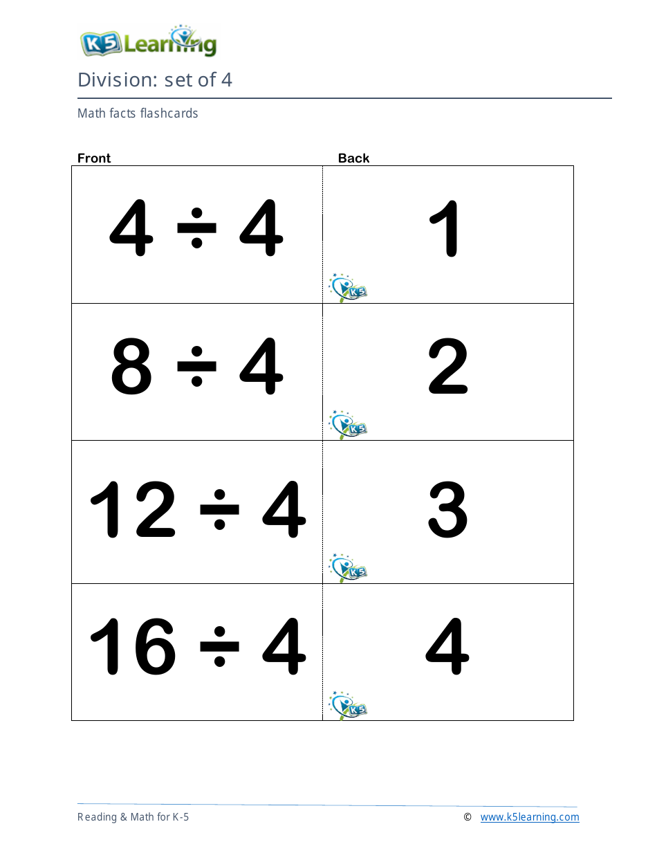 Math Facts Flashcards - Division - Set of 4-6, Page 1