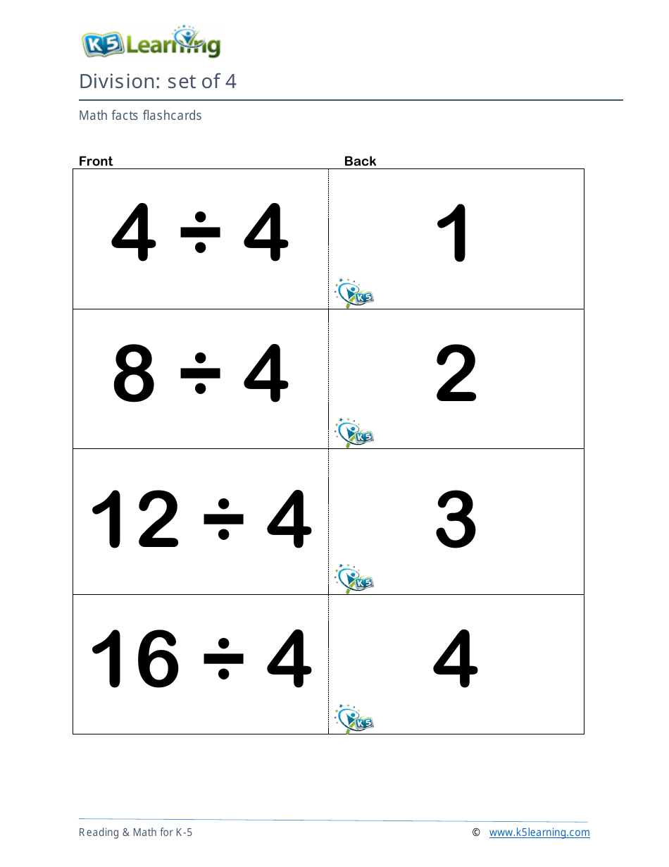 Math Facts Flashcards - Division - Set of 1-12, Page 10