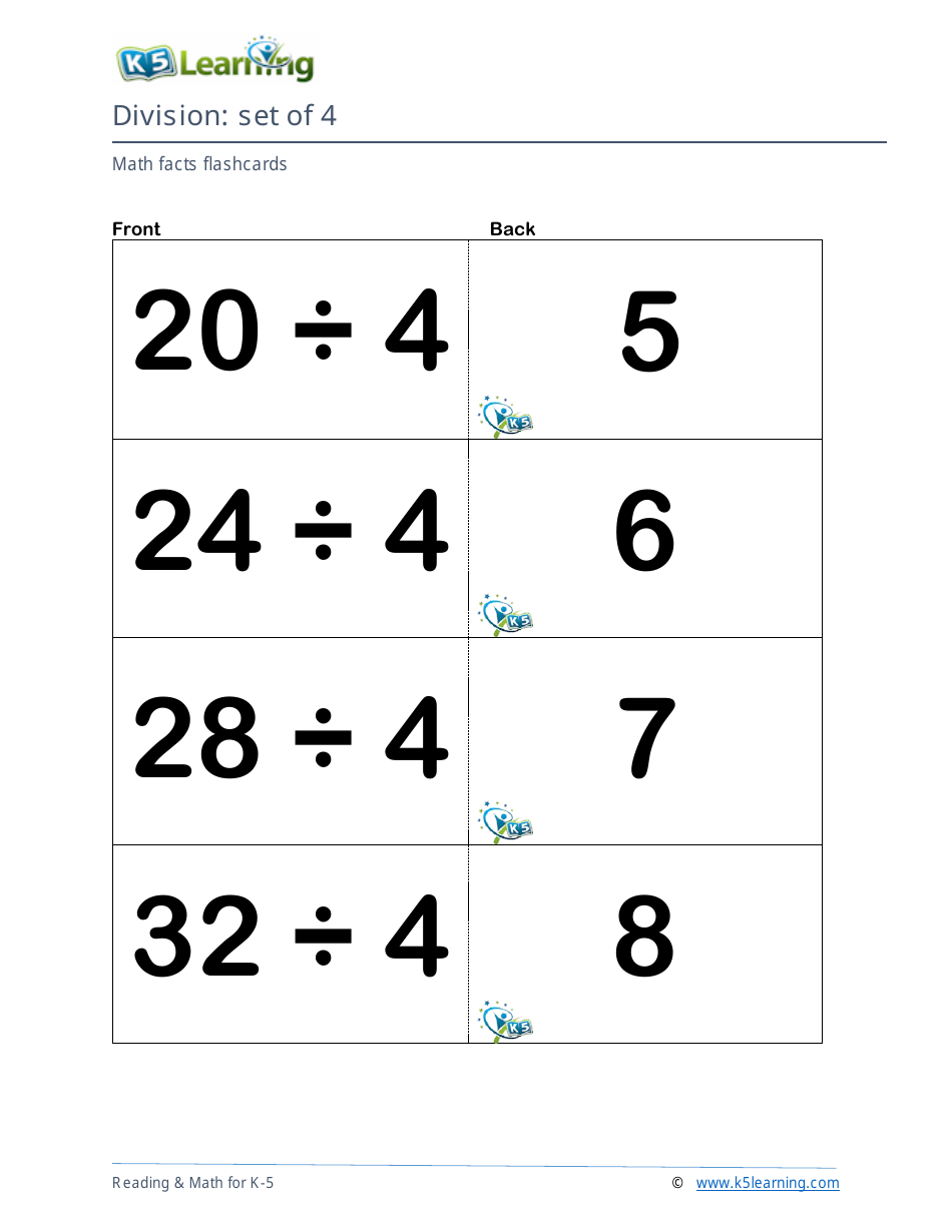 Math Facts Flashcards - Division - Set of 1-12, Page 11