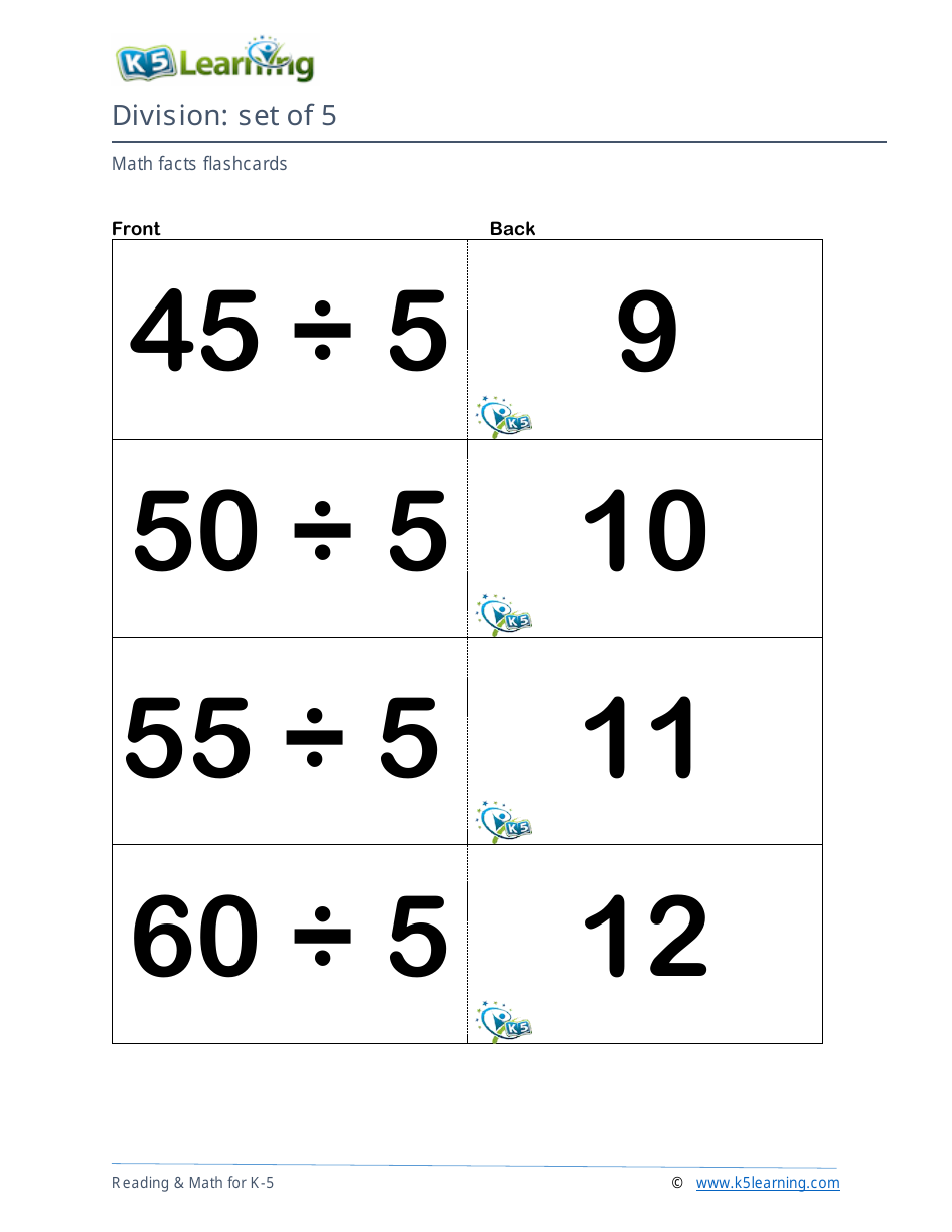 Math Facts Flashcards - Division - Set of 1-12, Page 15