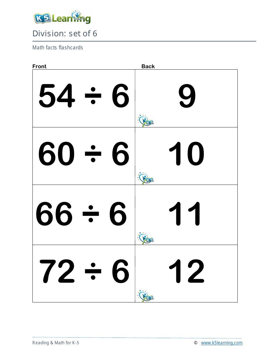Math Facts Flashcards - Division - Set of 1-12, Page 18