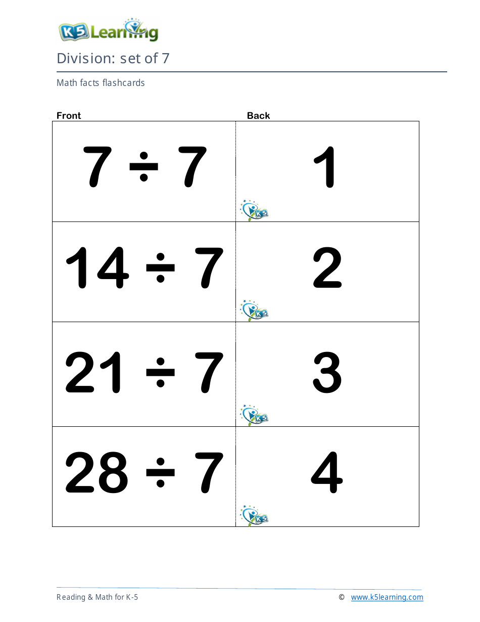Math Facts Flashcards - Division - Set of 1-12, Page 19