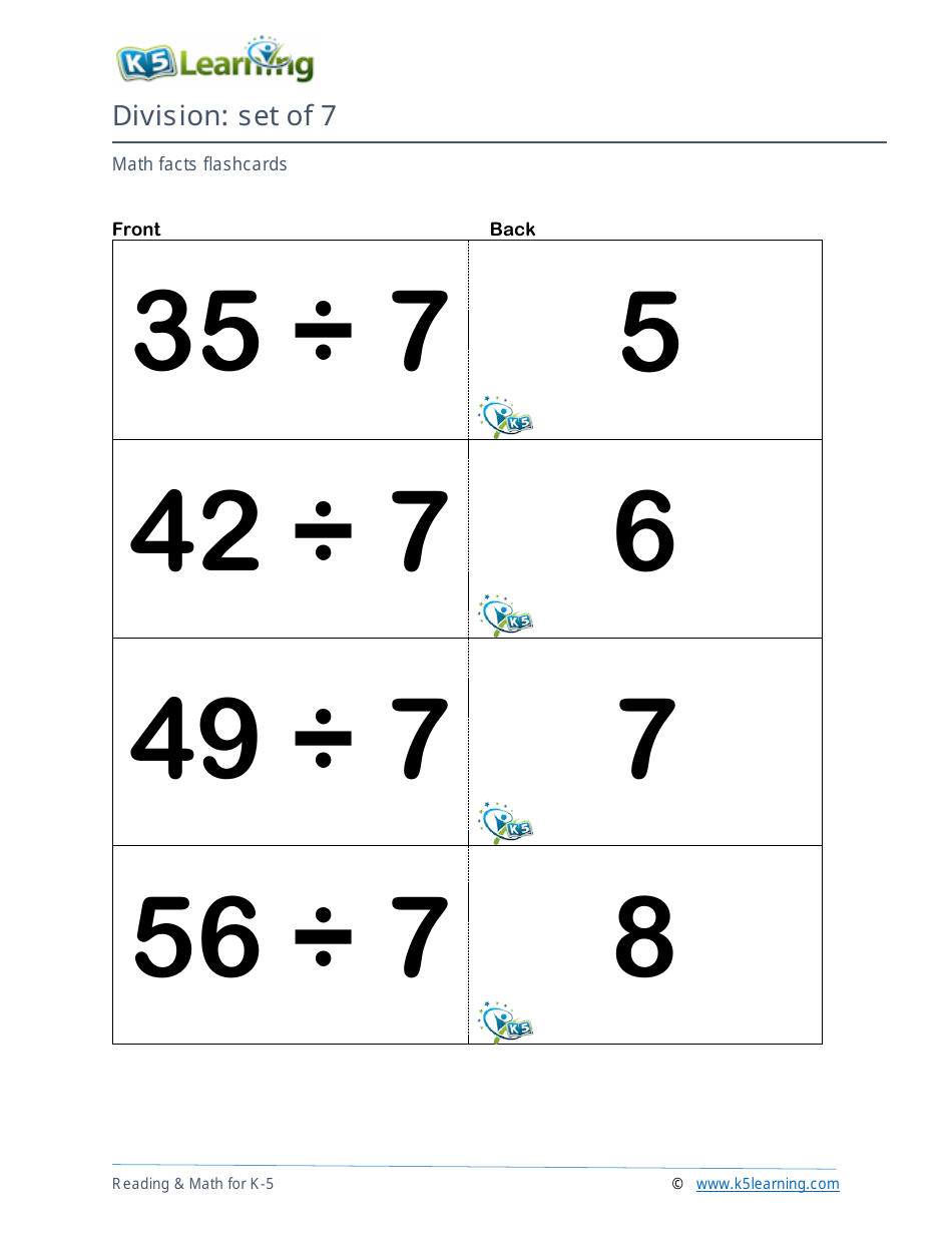 Math Facts Flashcards - Division - Set of 1-12, Page 20