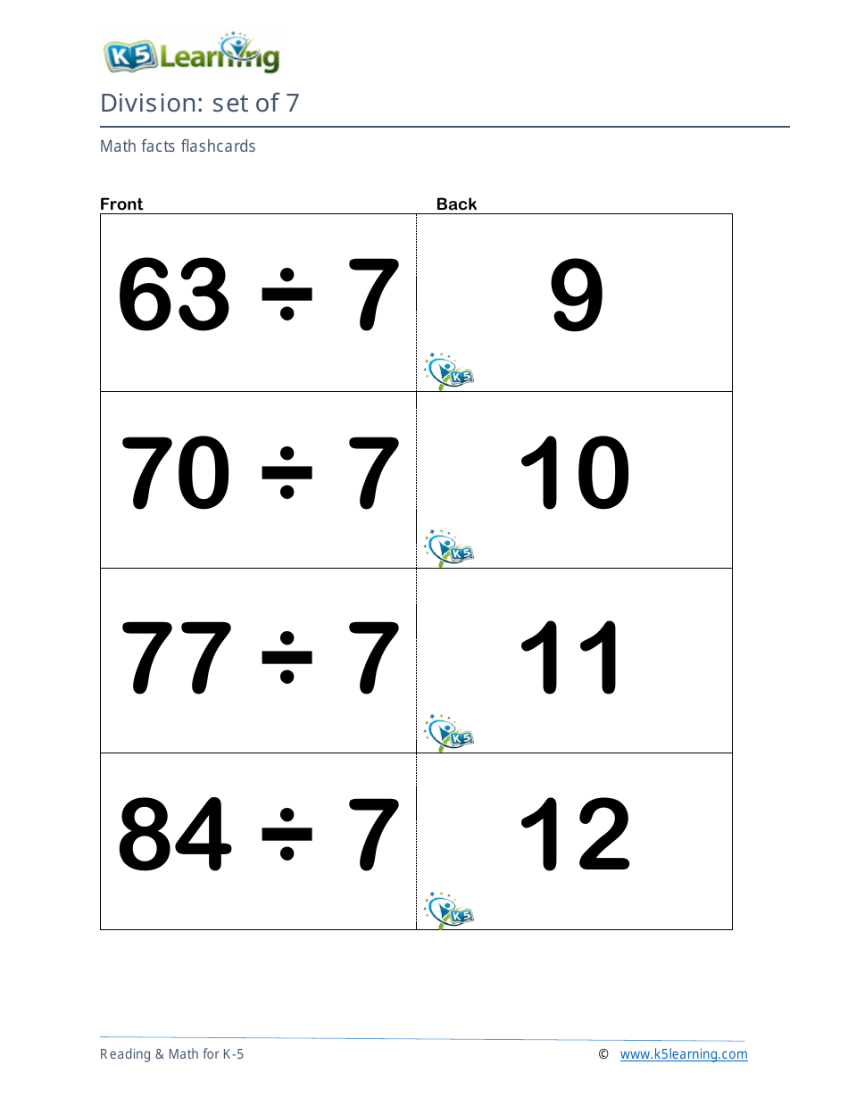Math Facts Flashcards - Division - Set of 1-12, Page 21
