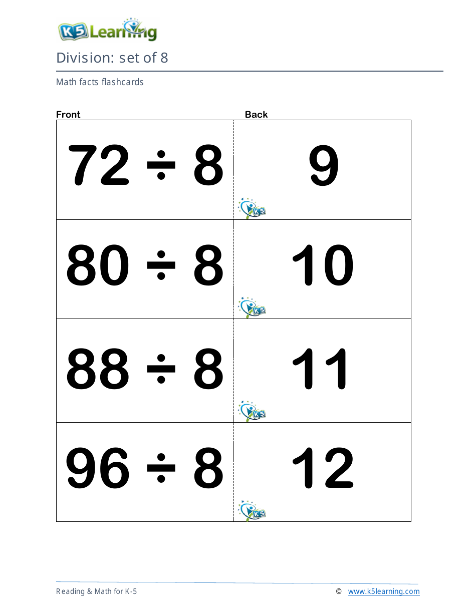 Math Facts Flashcards - Division - Set of 1-12, Page 24