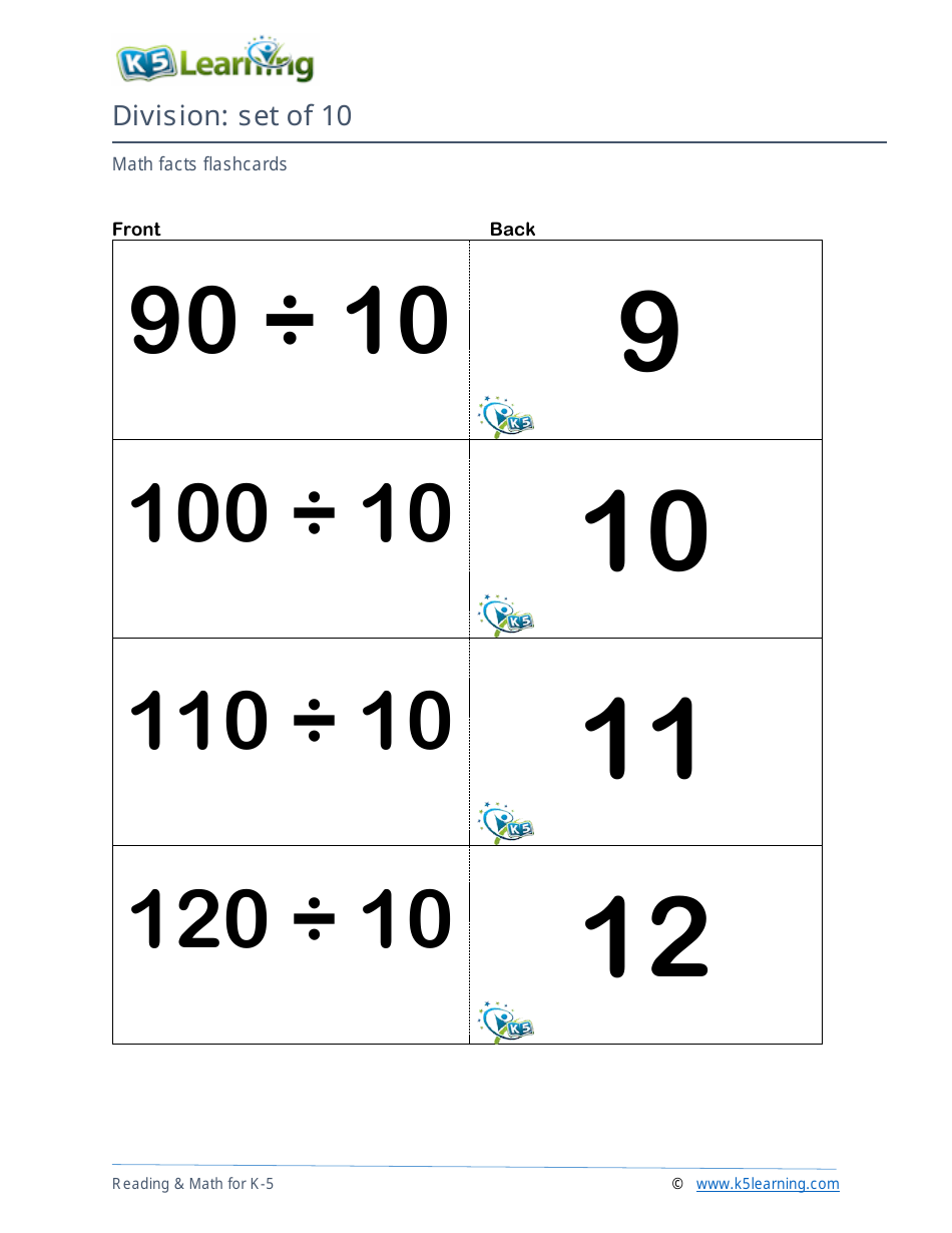 Math Facts Flashcards - Division - Set of 1-12, Page 30