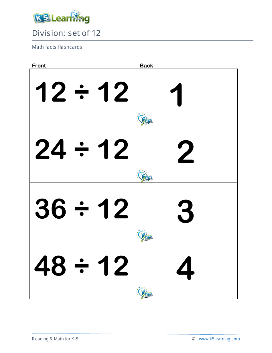 Math Facts Flashcards - Division - Set of 1-12, Page 34