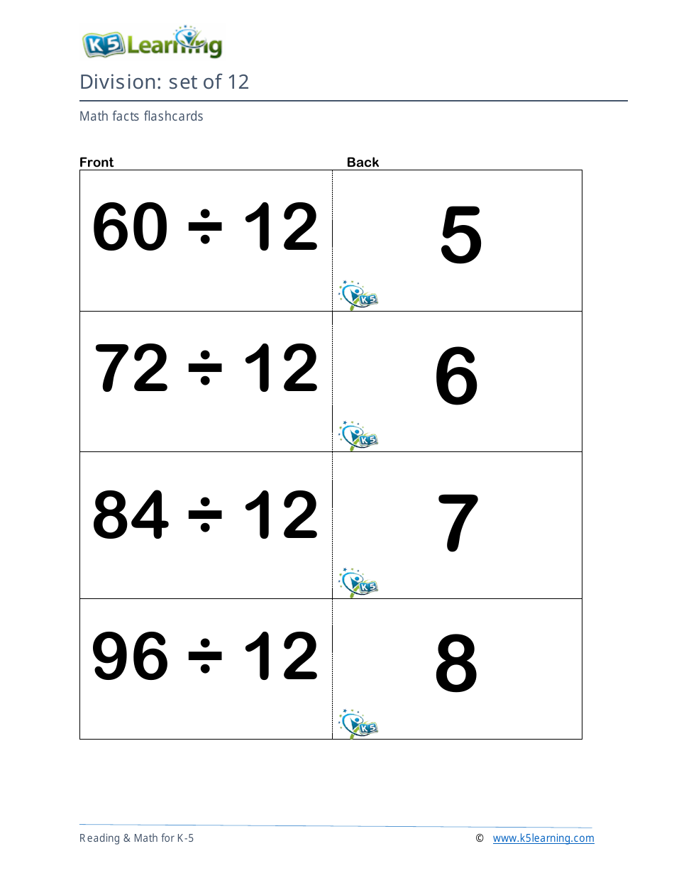 Math Facts Flashcards - Division - Set of 1-12, Page 35