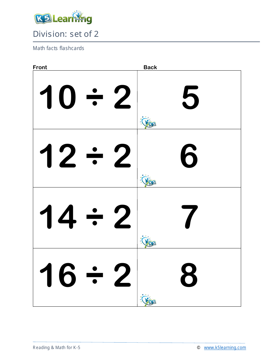 Math Facts Flashcards - Division - Set of 1-12, Page 5