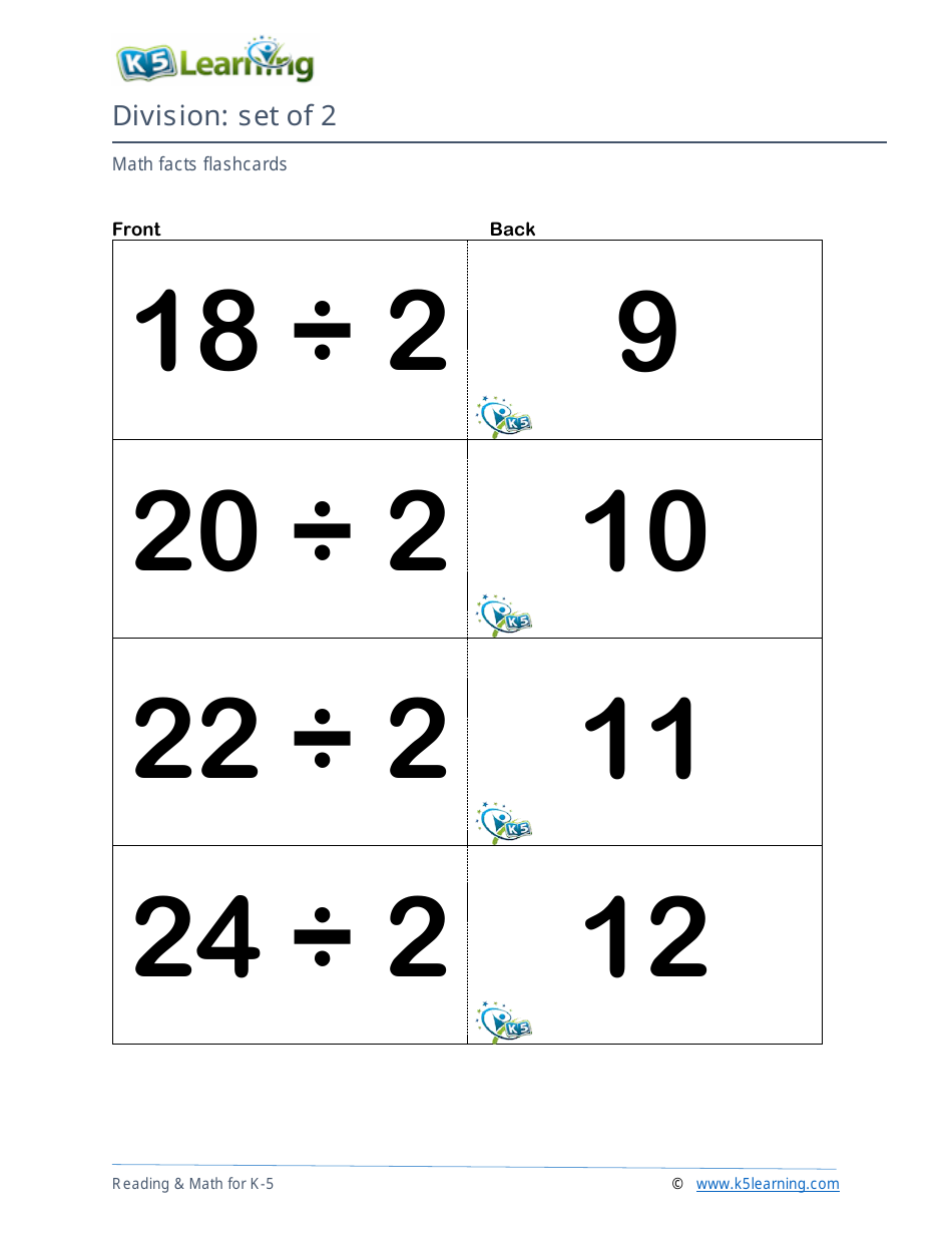 Math Facts Flashcards - Division - Set of 1-12, Page 6