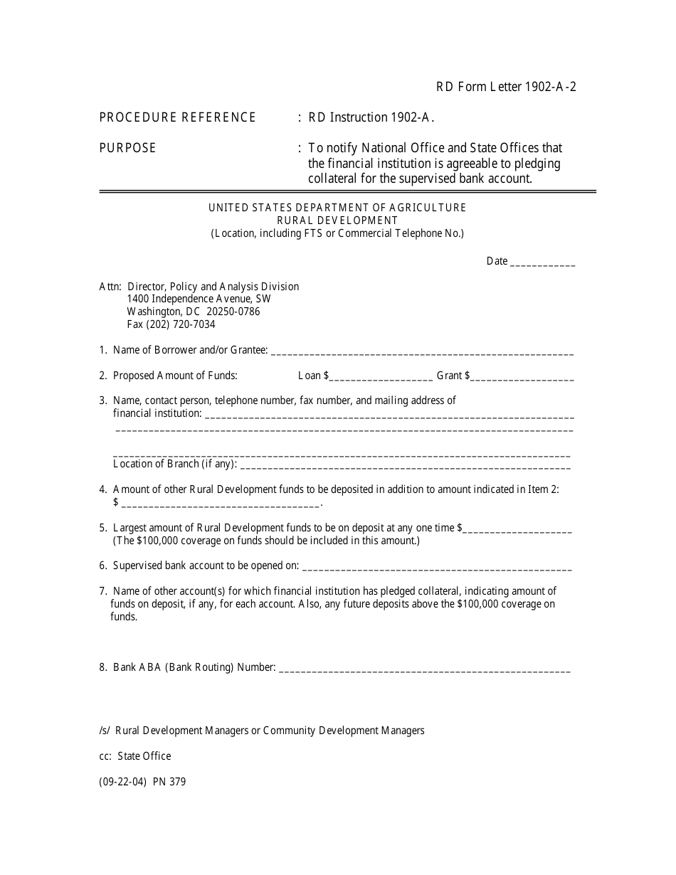 RD Form 1902-A-2 Designated Financial Institution Collateral Pledgerur, Page 1