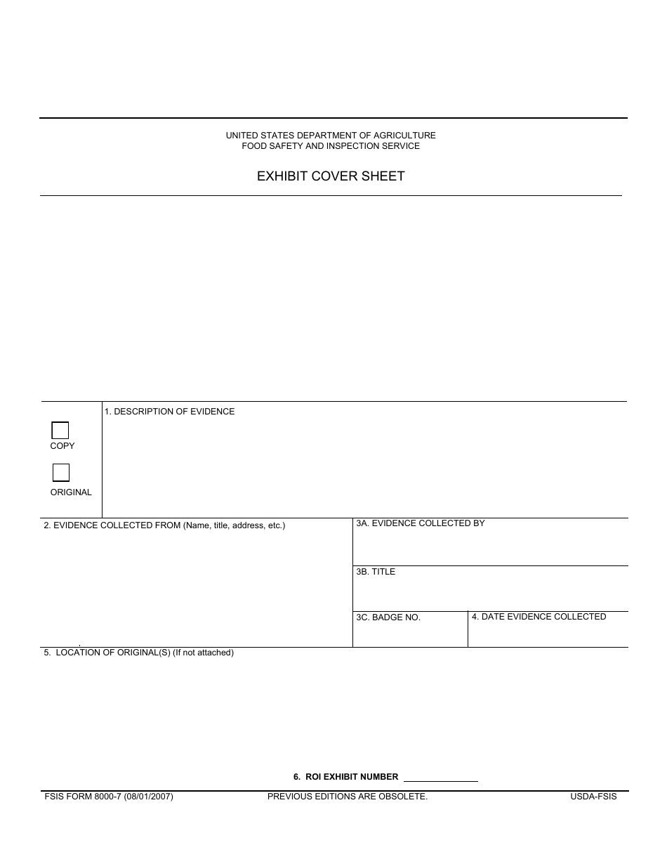 FSIS Form 8000-7 Exhibit Cover Sheet, Page 1