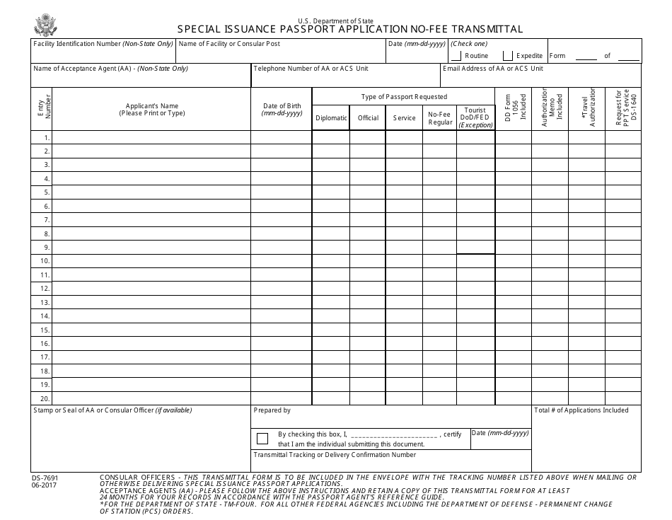 Form DS-7691 Special Issuance Passport Application No-Fee Transmittal, Page 1