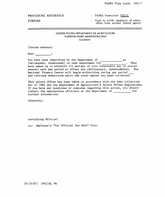 FmHA Form 1951-7 Notification of Salary Offset From Non-usda Credit Agency