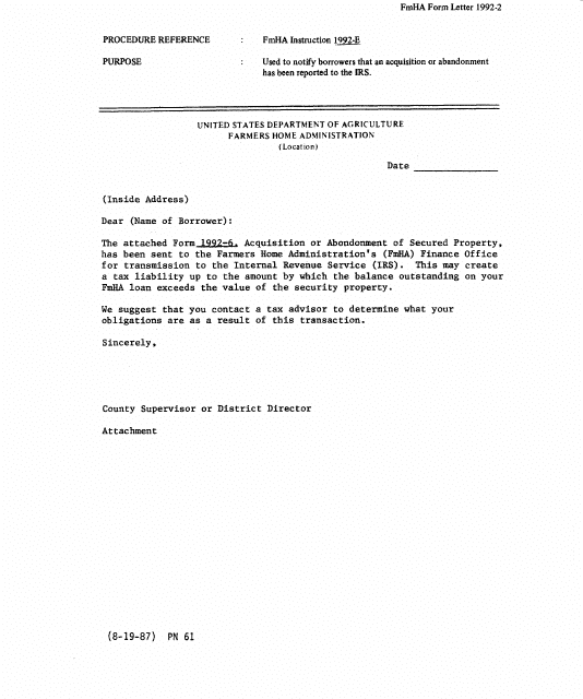 FmHA Form 1992-2 Notice of Acquisition or Abandonment