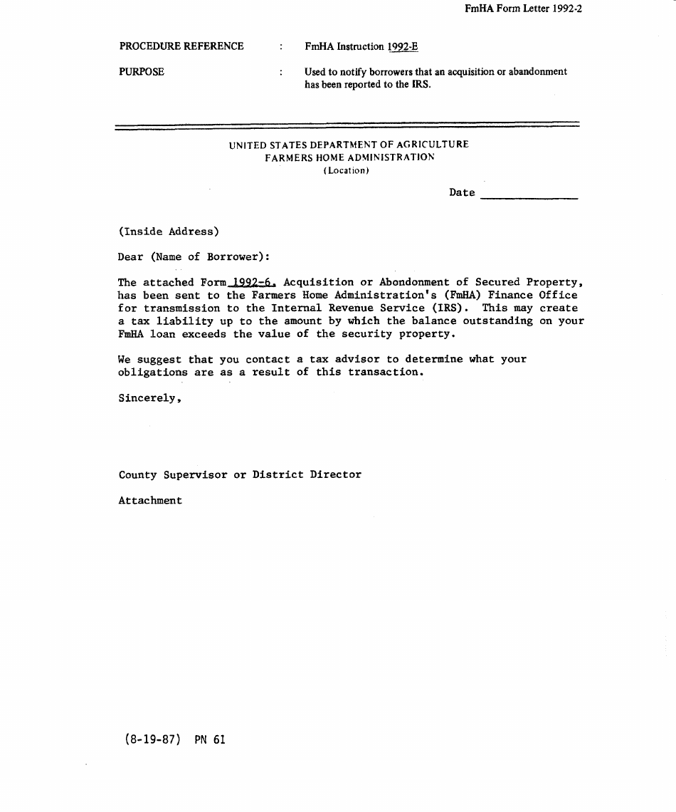 FmHA Form 1992-2 Notice of Acquisition or Abandonment, Page 1