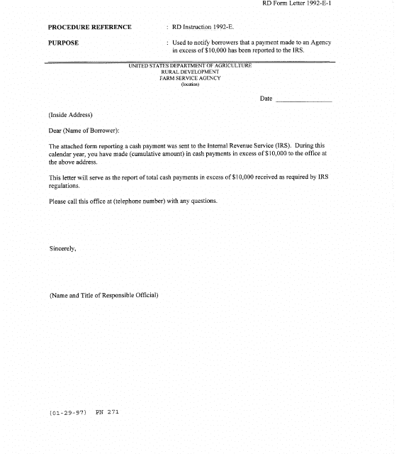 FmHA Form 1992-E-1 Report of Total Cash Payments in Excess of $10,000