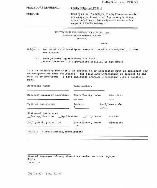 FmHA Form 1900-D-1 Notice of Relationship or Association With a Recipient of Fmha Assistance