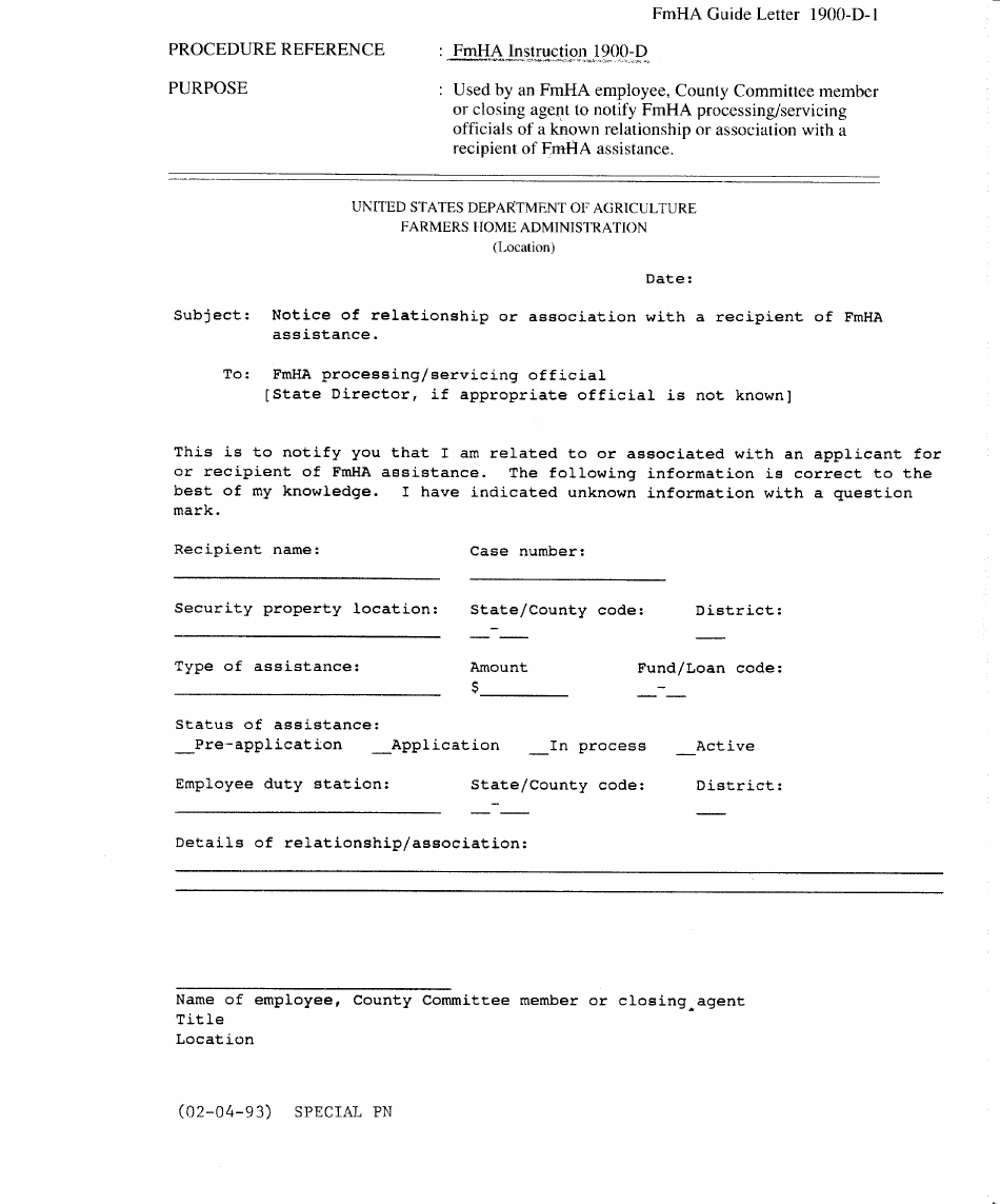 FmHA Form 1900-D-1 Notice of Relationship or Association With a Recipient of Fmha Assistance, Page 1