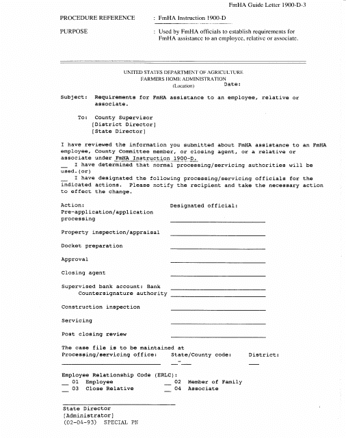 FmHA Form 1900-D-3 Requirements for Fmha Assistance to an Employee, Relative or Associate