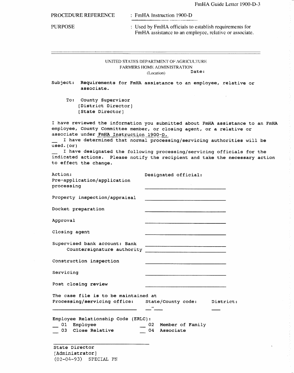 FmHA Form 1900-D-3 Requirements for Fmha Assistance to an Employee, Relative or Associate, Page 1